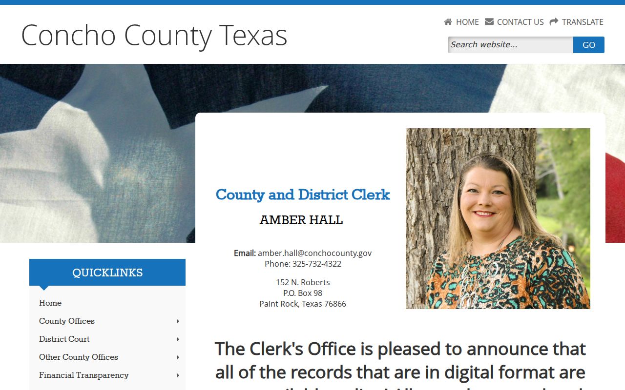 Concho County warrant record research, combined County and District Clerk records page