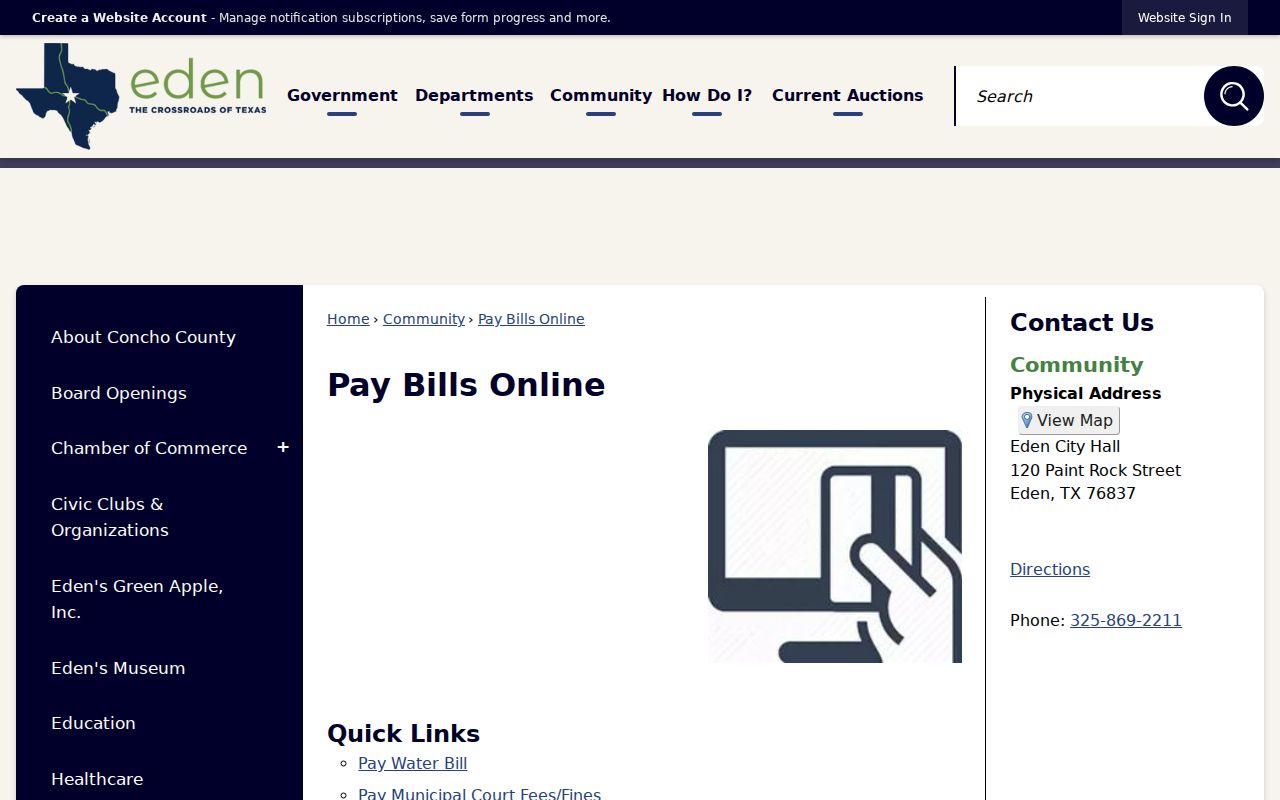 Eden warrant records payment routing through the official city Pay Bills Online page