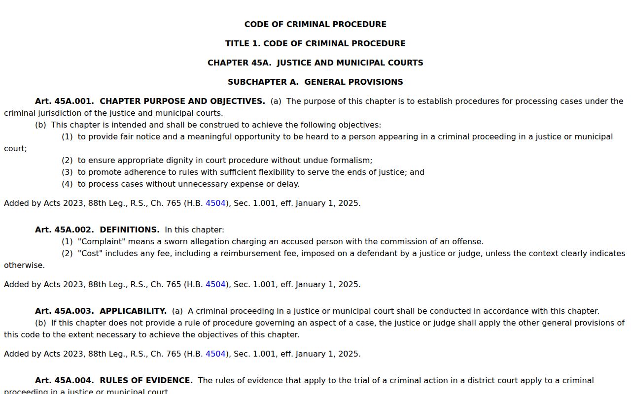 Concho County bench warrant resolution, Texas Chapter 45A capias pro fine rules