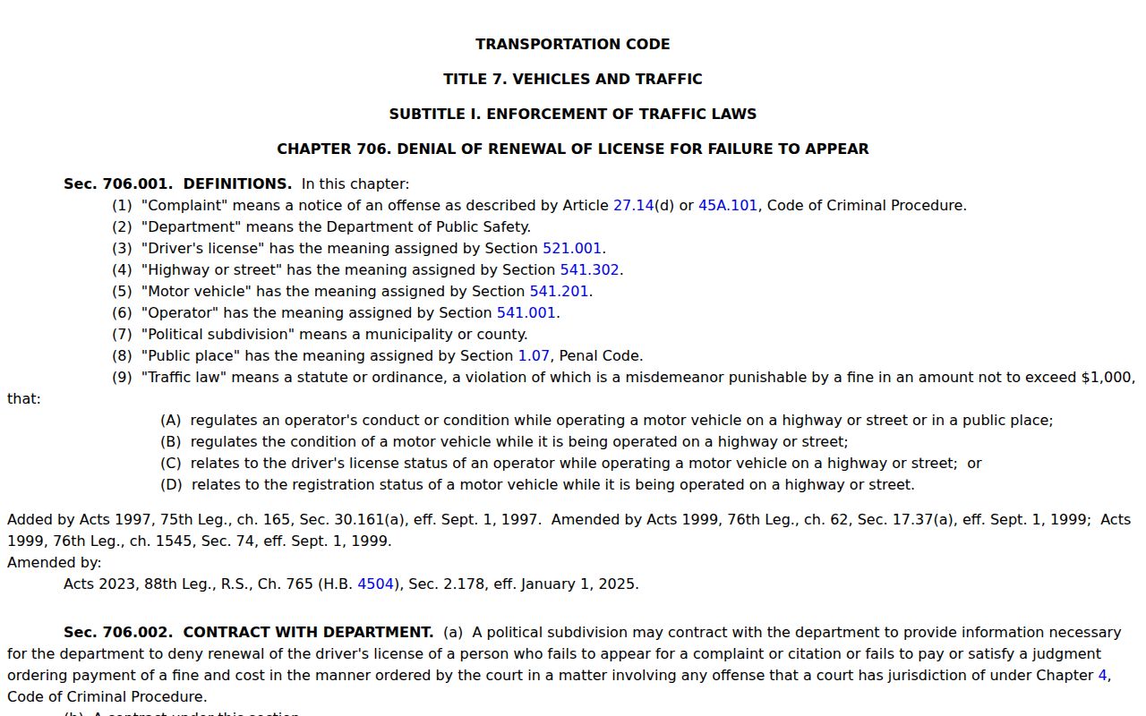 Concho County traffic warrant and FTA information, Texas Transportation Code Chapter 706