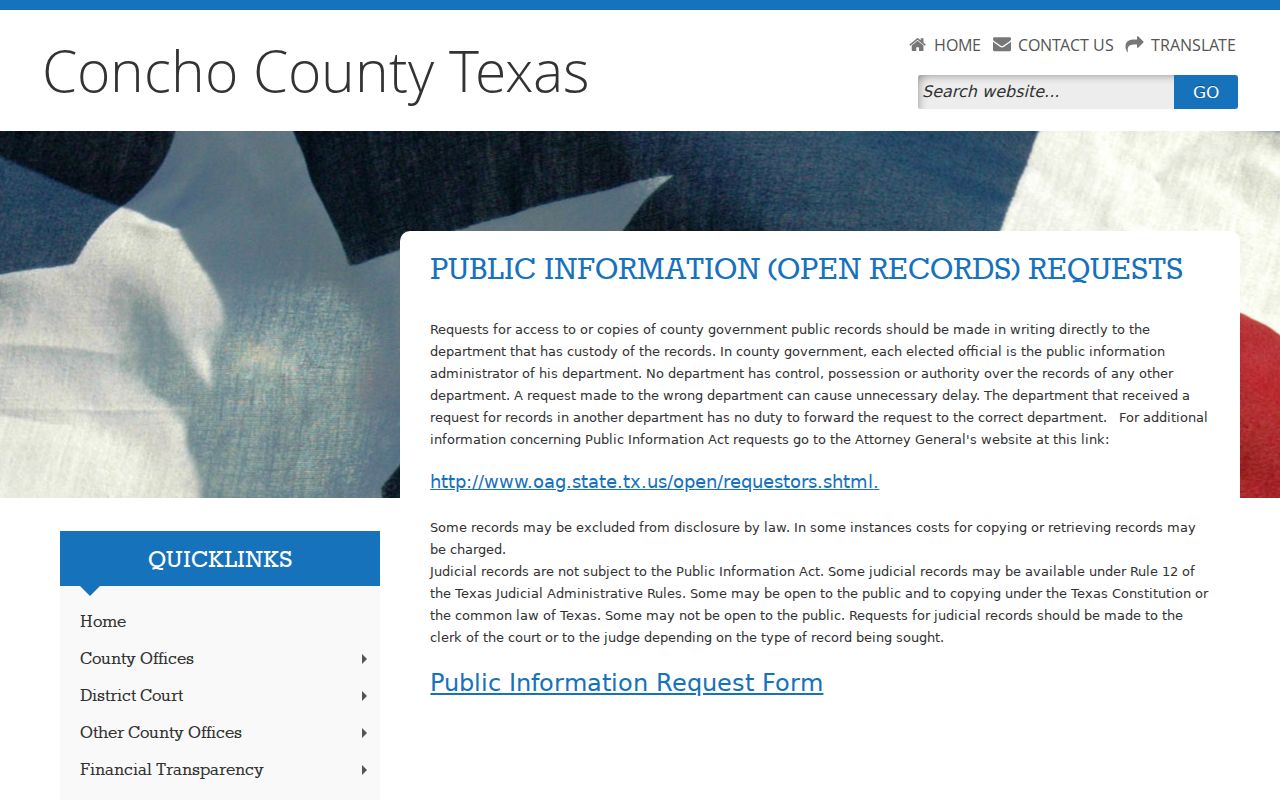 Concho County warrant search records request instructions and judicial-record limits