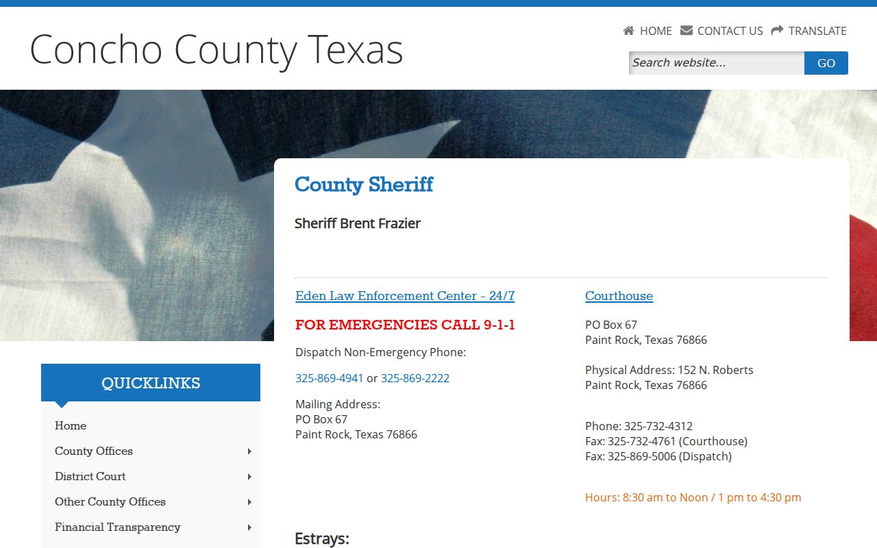 Concho County active warrant records, official sheriff contact page